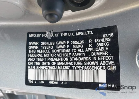 2018 Honda Civic Ex from USA, damaged, VIN SHHFK7H53JU414307